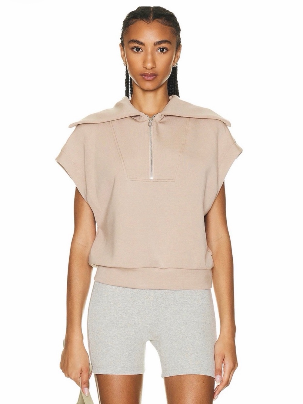 Varley Dexter Half Zip Sweatshirt Short Sleeve Taupe DoubleSoft Cap Sleeve Large